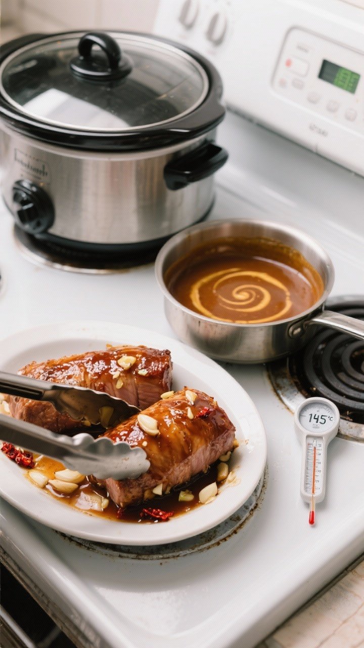 Cooking process: Overhead shot of the cooked pork tenderloins just lifted from the slow cooker with 