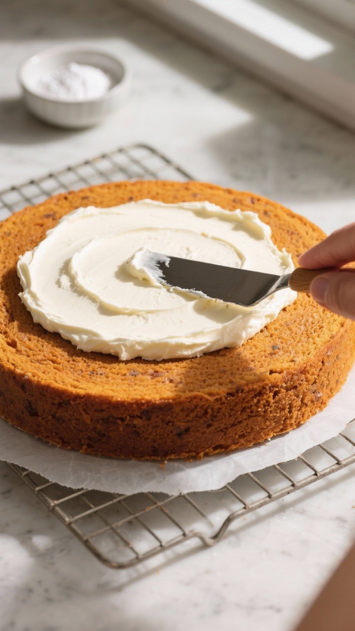 Cooking process: Overhead shot of the cooled pumpkin sponge being filled—an offset spatula spreadi