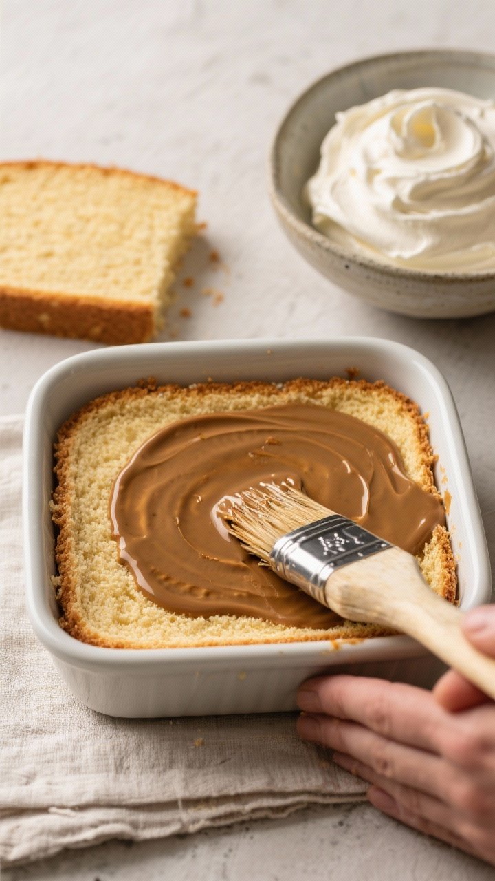 Cooking process: Overhead shot of the first assembly layer in an 8x8-inch dish—golden almond-cocon