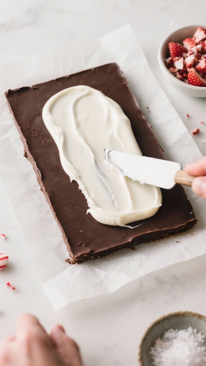 Cooking process: Overhead shot of the layering step—partially set dark chocolate rectangle on parc