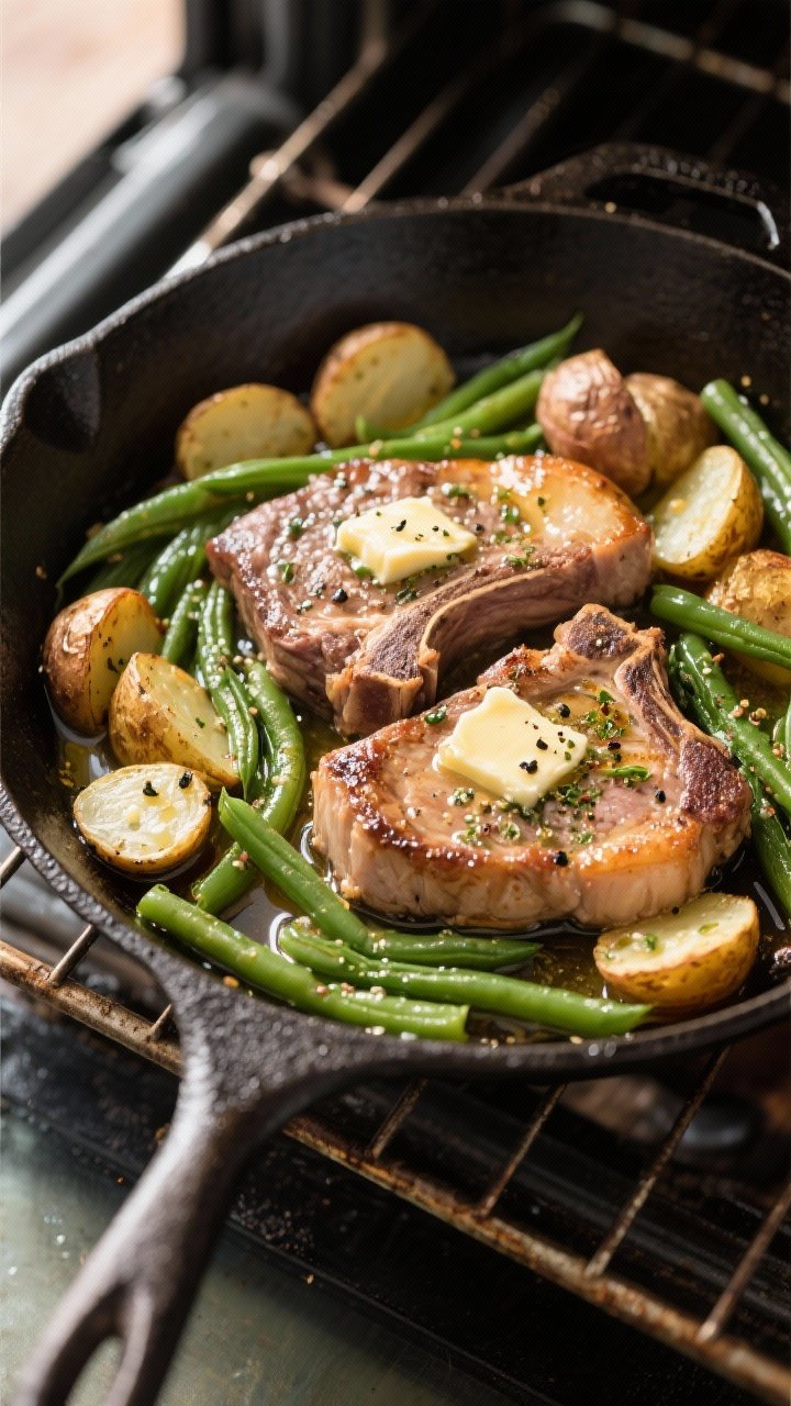 Cooking process: Overhead shot of the one-pan dinner just after returning to the oven—pork chops n