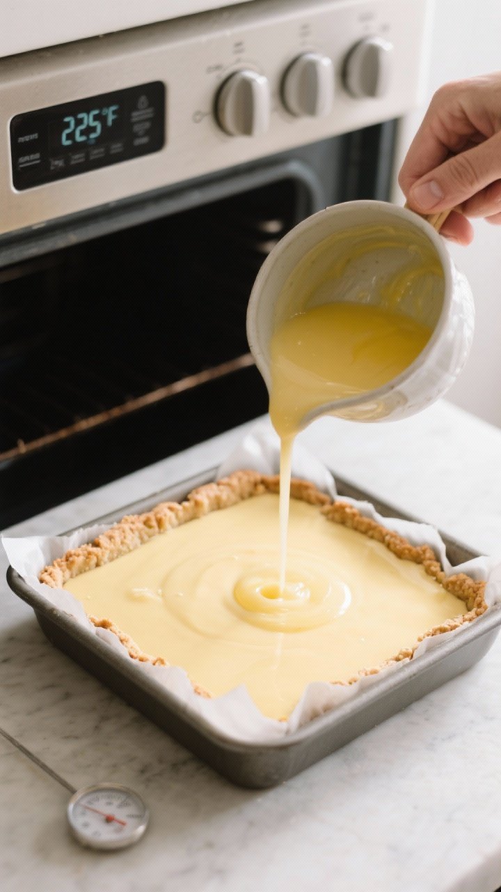 Cooking process: Overhead shot of the par-baked almond crust in an 8x8-inch parchment-lined pan as t