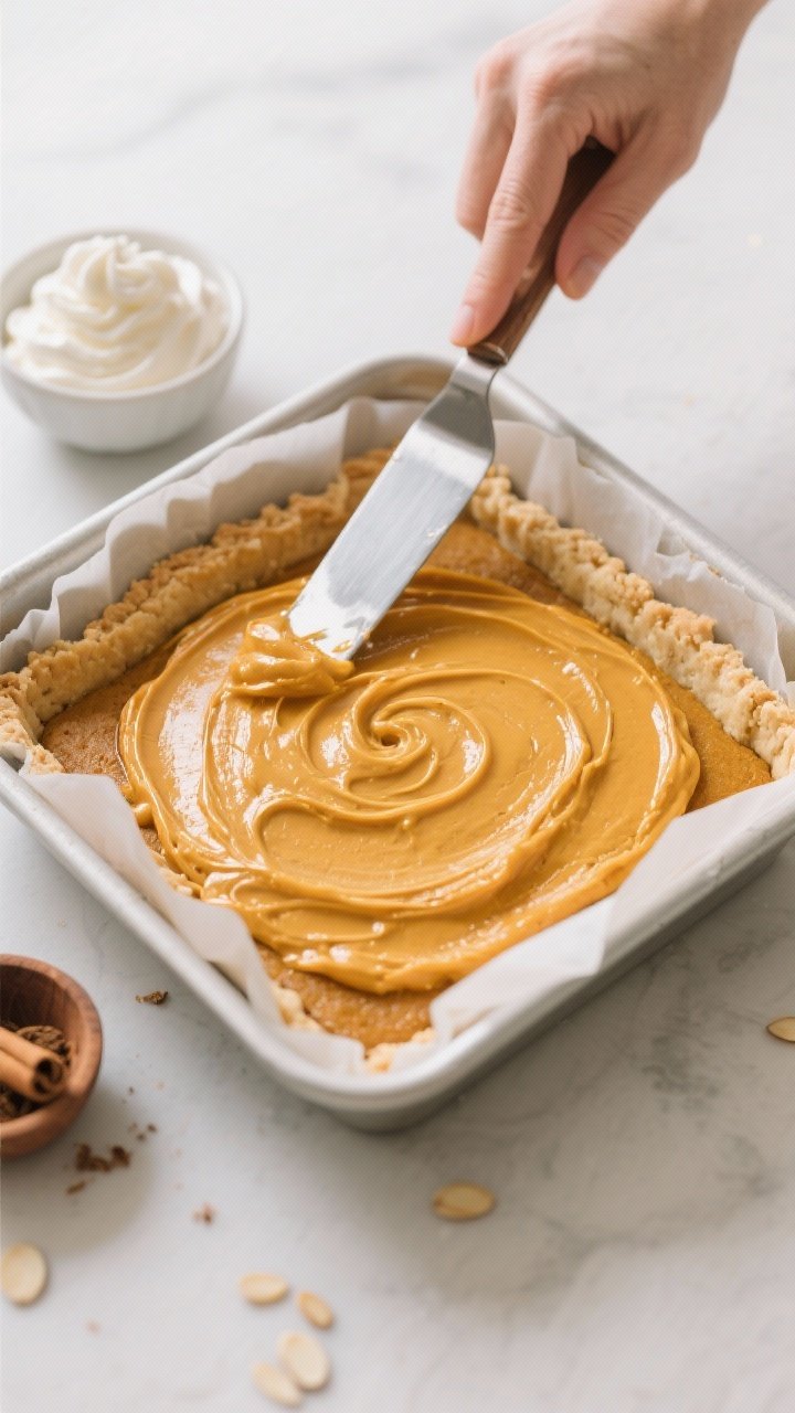 Cooking process: Overhead shot of the par-baked almond crust in a 9x9-inch pan lined with parchment,