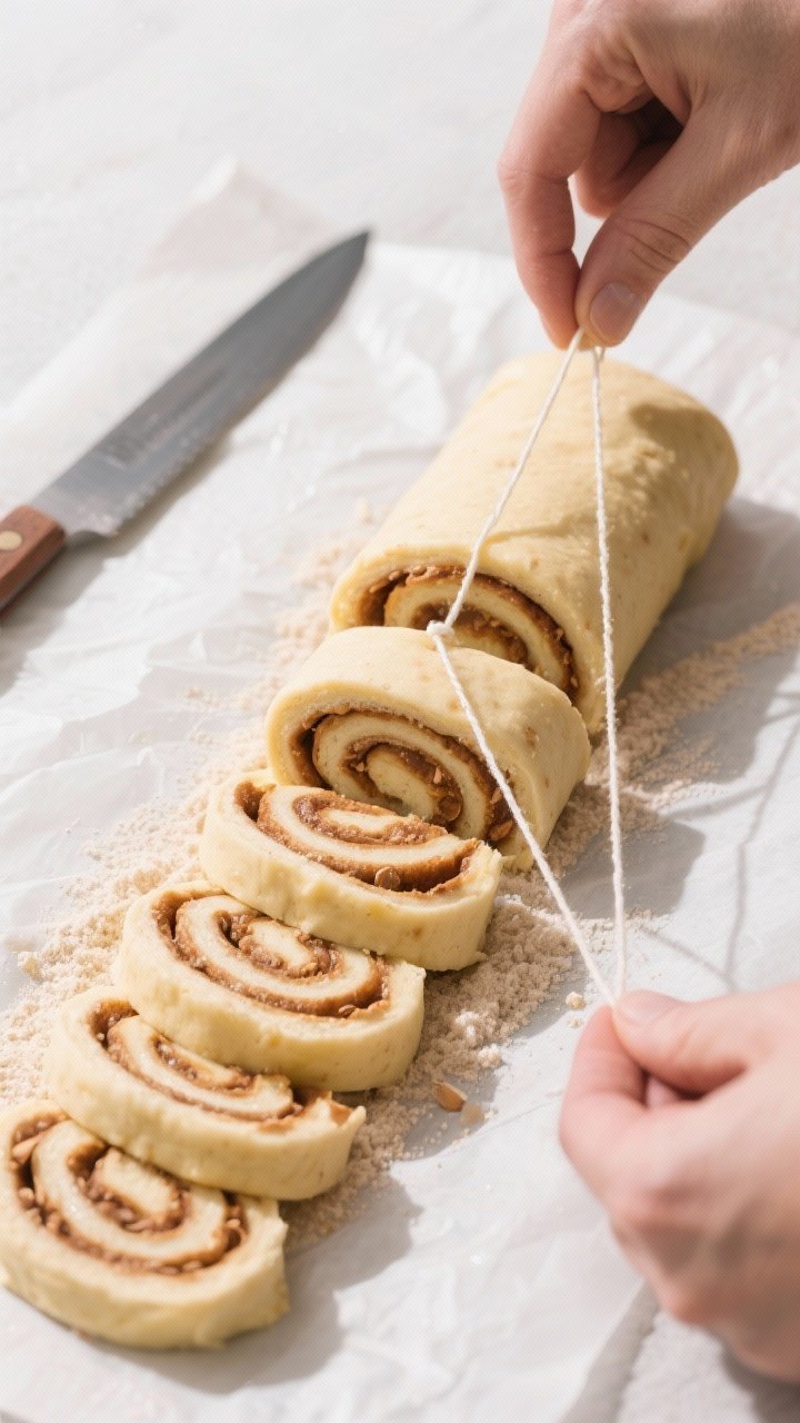 Cooking process: Overhead shot of the rolled keto cinnamon-roll log being sliced with unflavored den