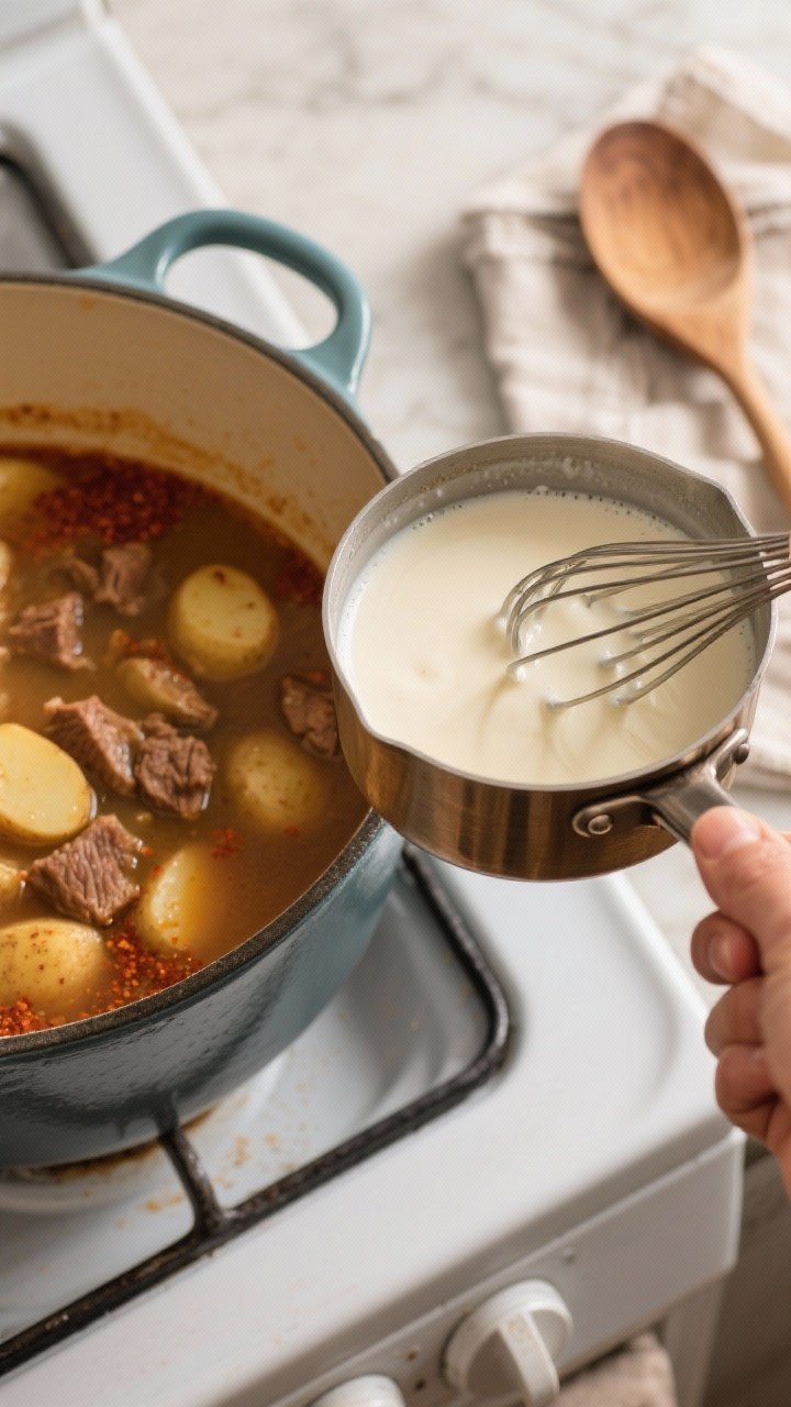 Cooking process: Overhead shot of the roux-and-milk mixture being whisked smooth and glossy in a sma