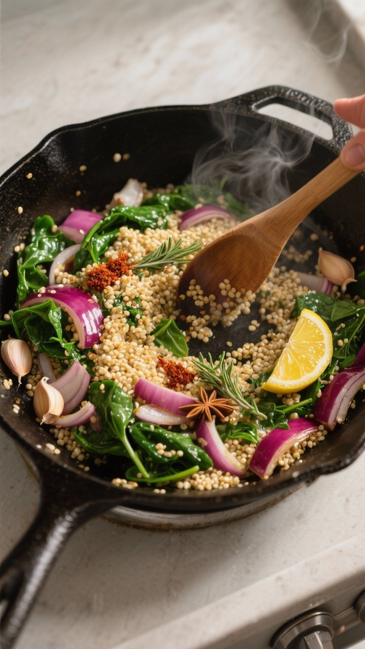 Cooking process: Overhead shot of the skillet stage—quinoa being folded into sautéed red onion, g