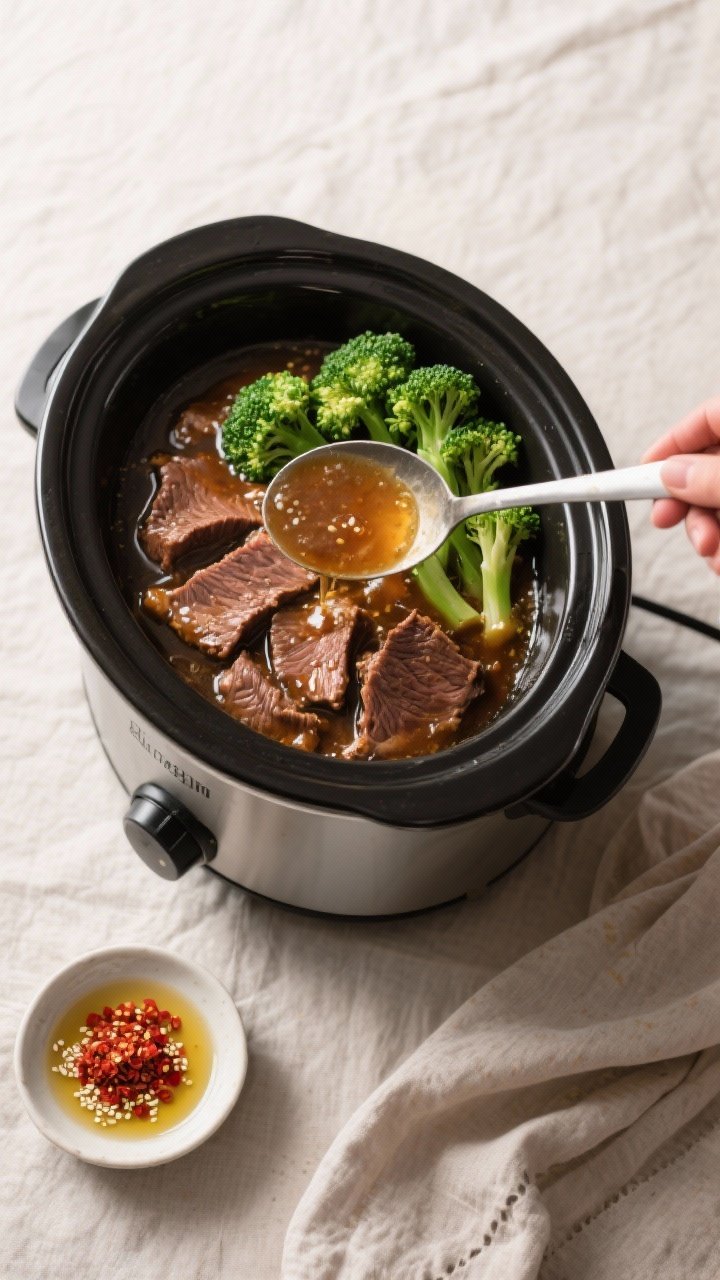 Cooking process: Overhead shot of the slow cooker just after adding the cornstarch slurry—sauce bu