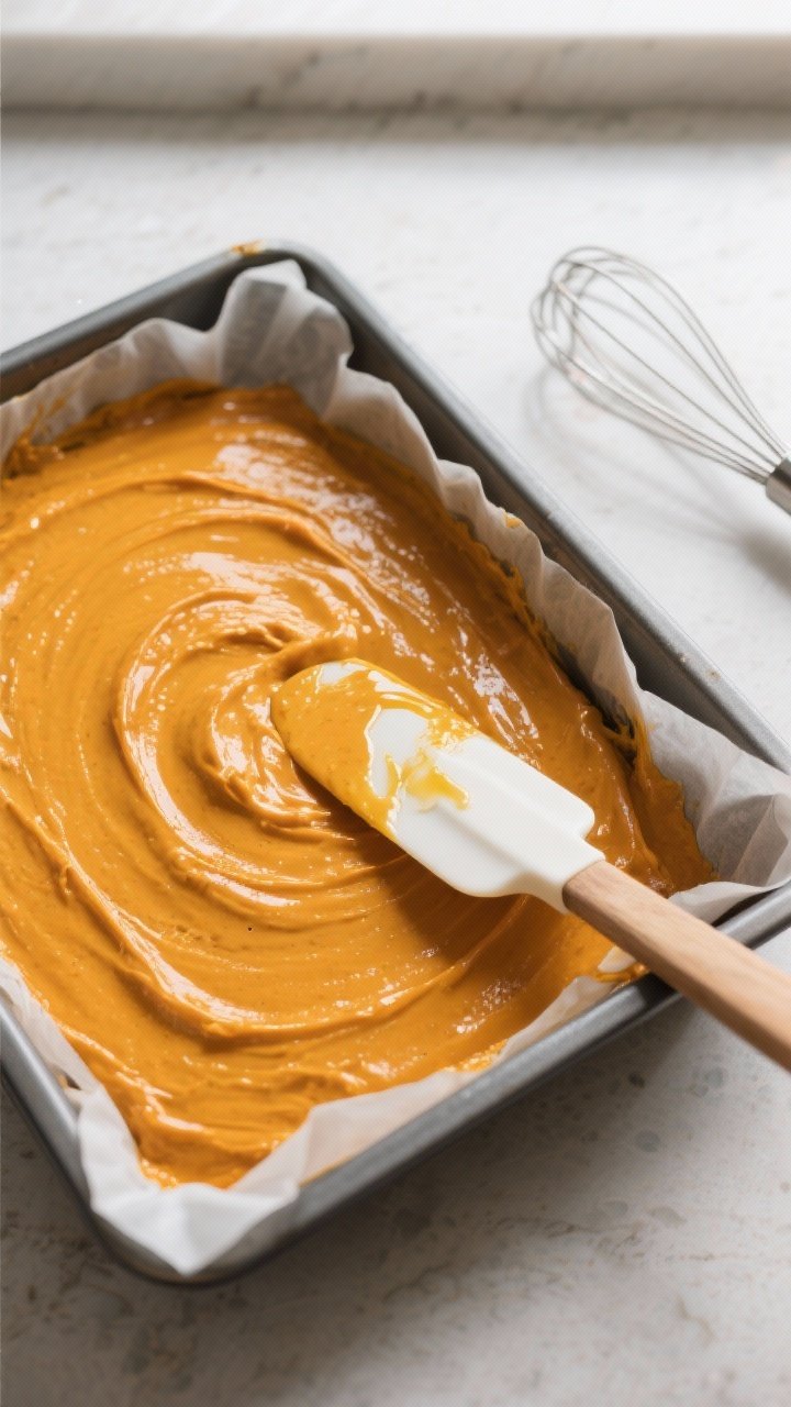 Cooking process: Overhead shot of the smooth, thick pumpkin batter being leveled in a parchment-line