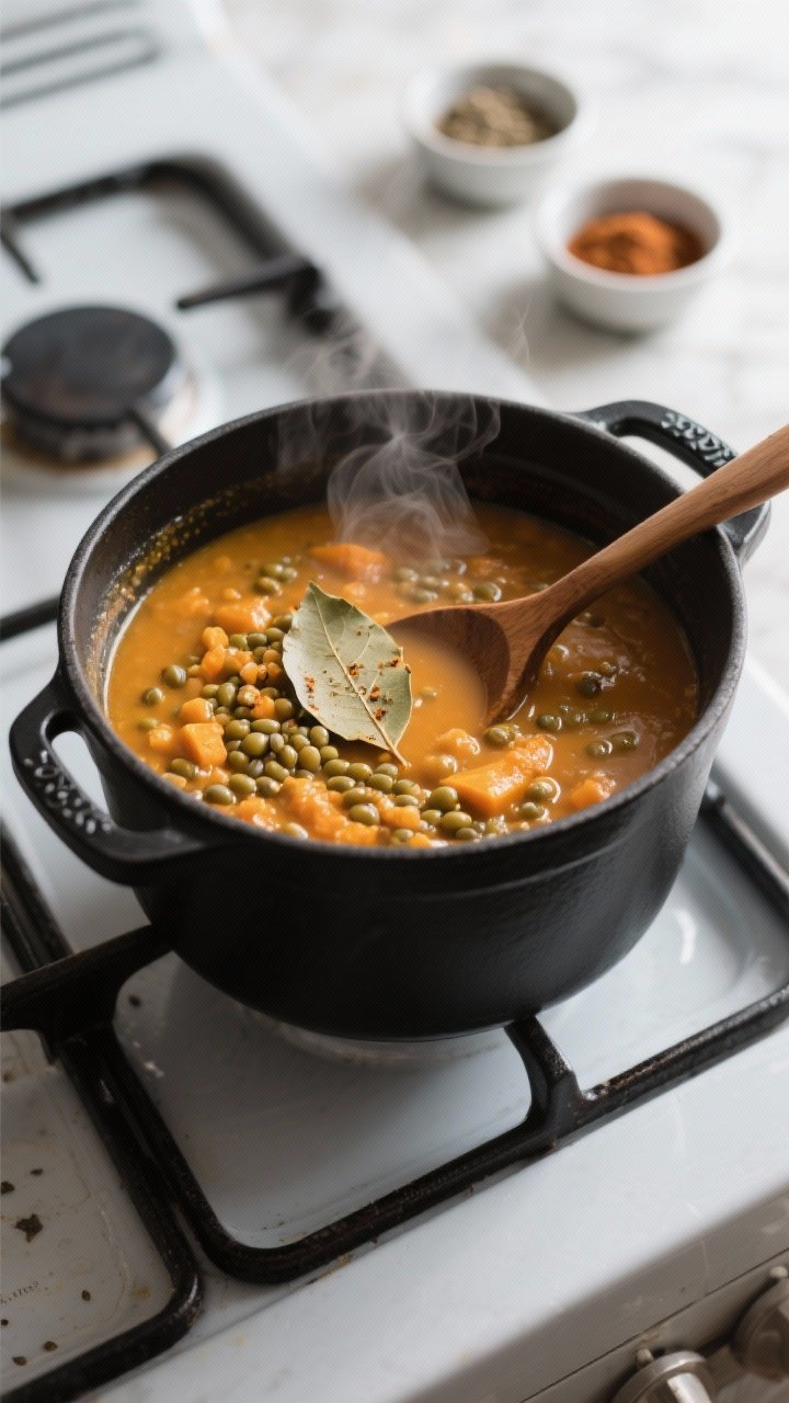 Cooking process: Overhead shot of the soup simmering in a matte-black Dutch oven at the “Simmer to