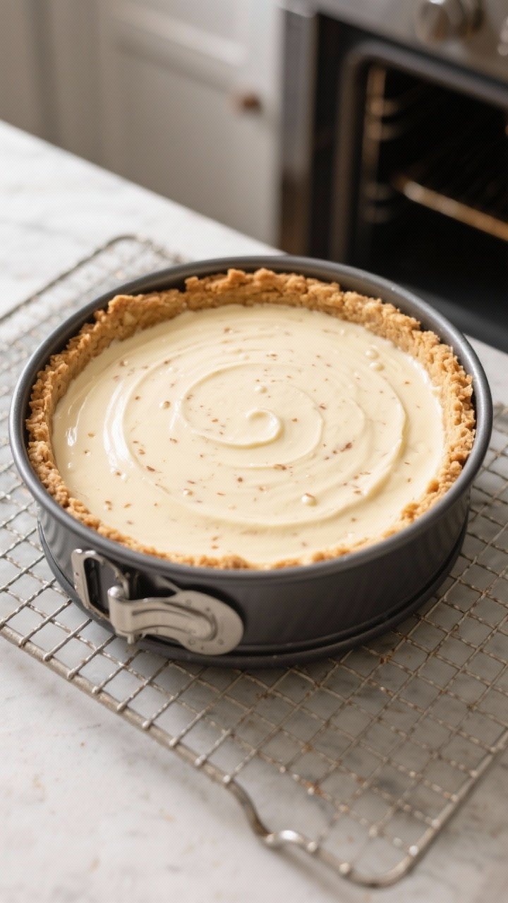 Cooking process: Overhead shot of the springform pan filled with the smooth, spiced cheesecake batte