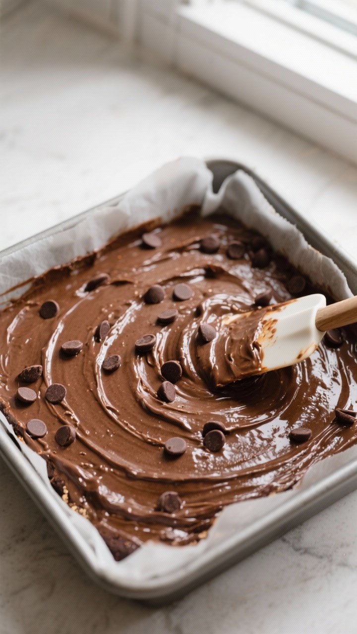 Cooking process: Overhead shot of the thick brownie batter being spread evenly into a parchment-line