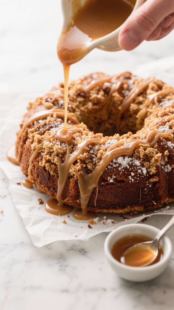 Cooking process: Overhead shot of the warm cake on parchment just after cooling, with a glossy maple