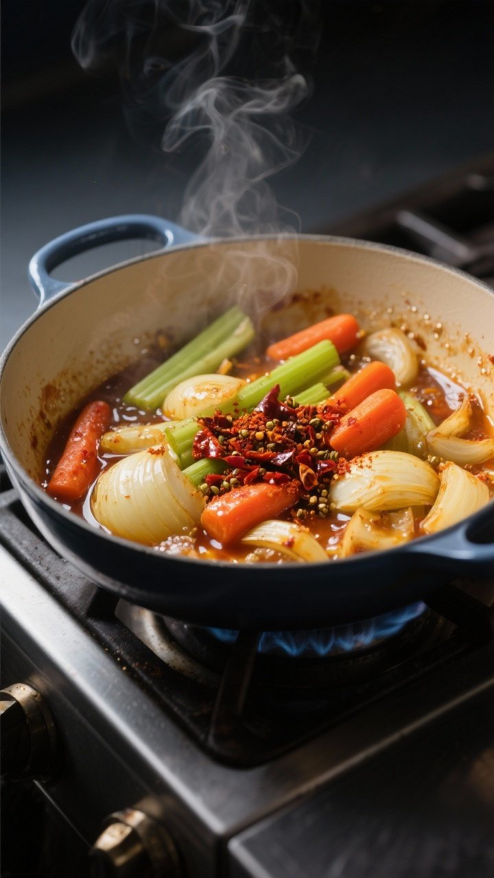 Cooking process – Sauté and bloom stage: A deep, wide pot on the stove with softened golden onion