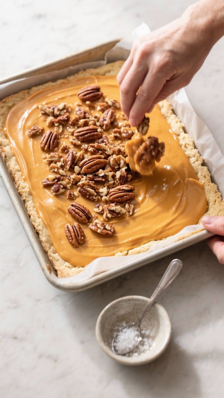Cooking process shot: Overhead view of assembling the bars—warm par-baked shortbread base in a 9x9