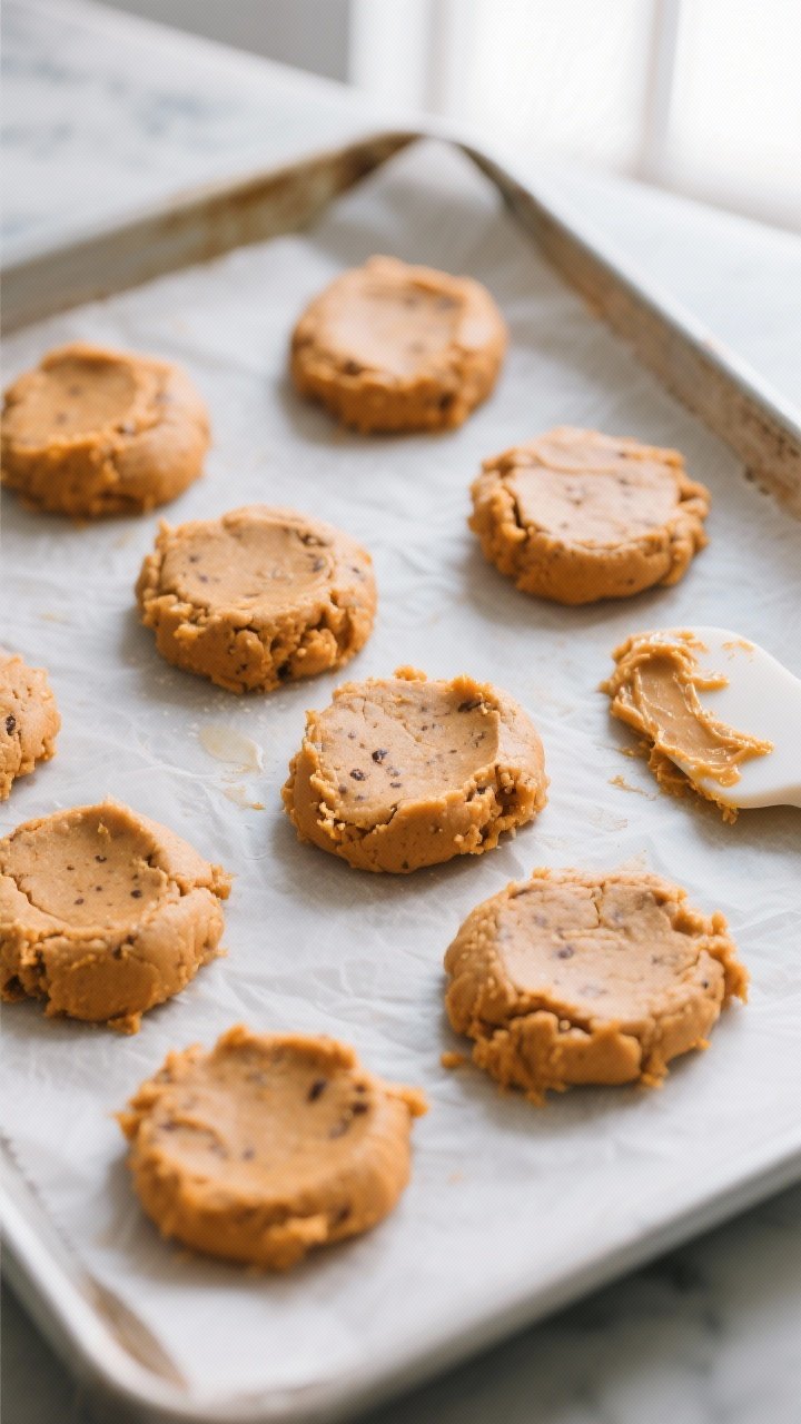 Cooking process shot: Overhead view of portioned cookie dough mounds on a parchment-lined baking she