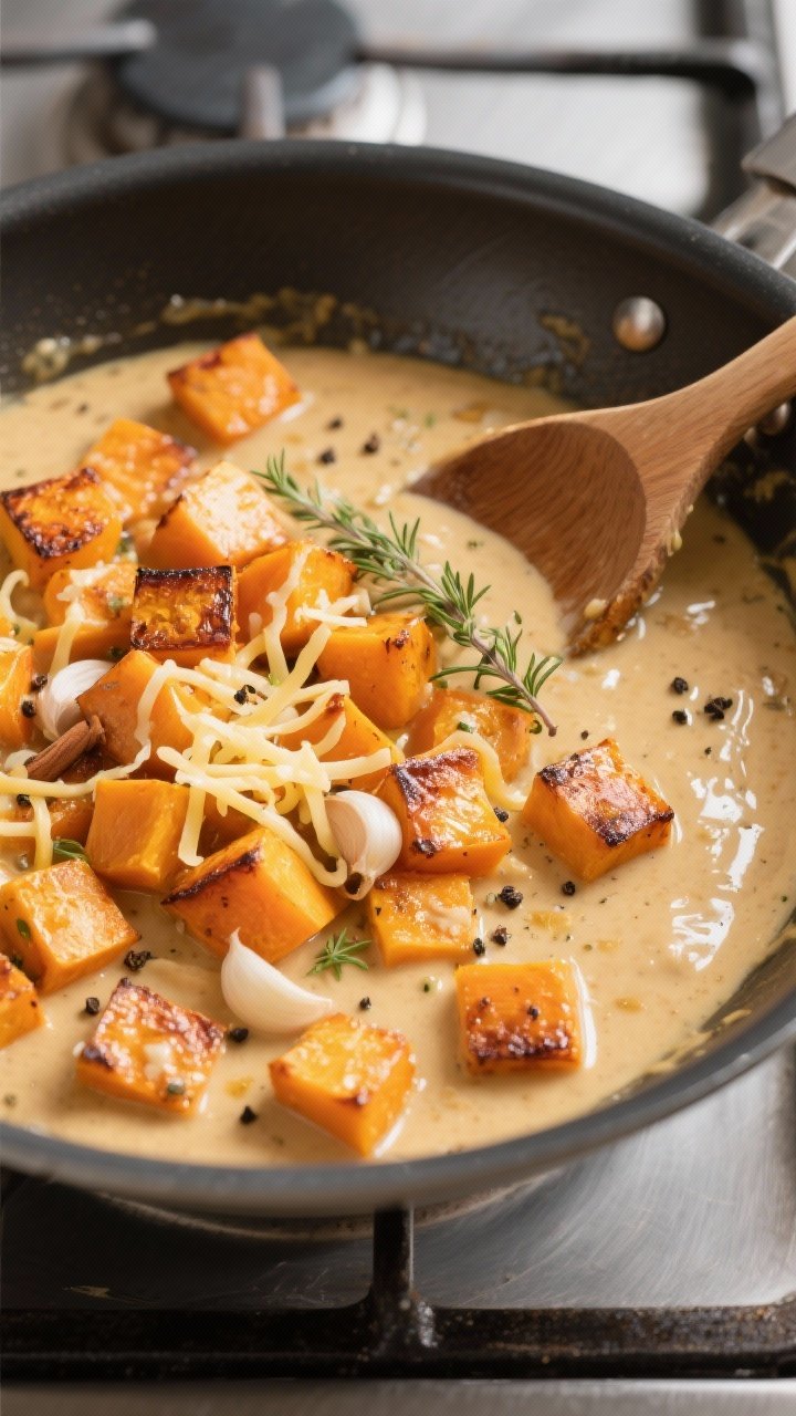 Cooking process shot: overhead view of roasted butternut squash cubes being gently folded into a glo