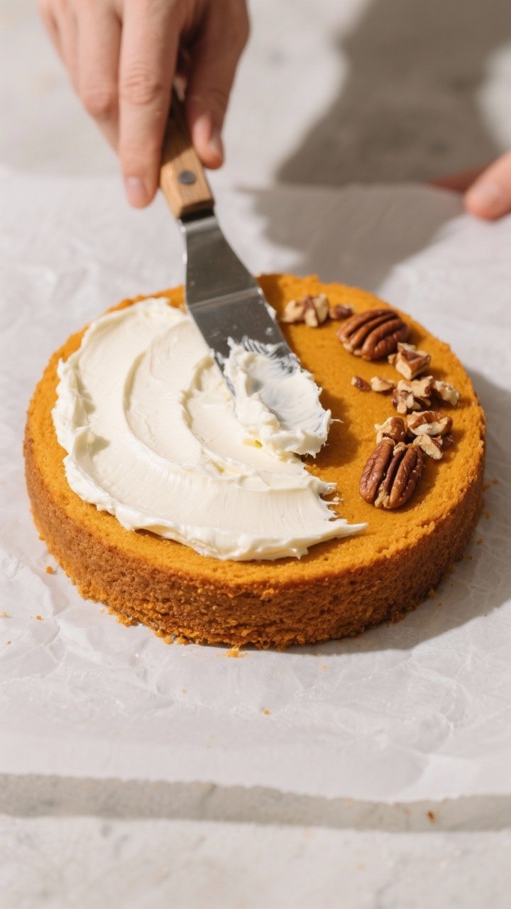 Cooking process shot: Overhead view of the cooled pumpkin sponge being filled—an offset spatula sp