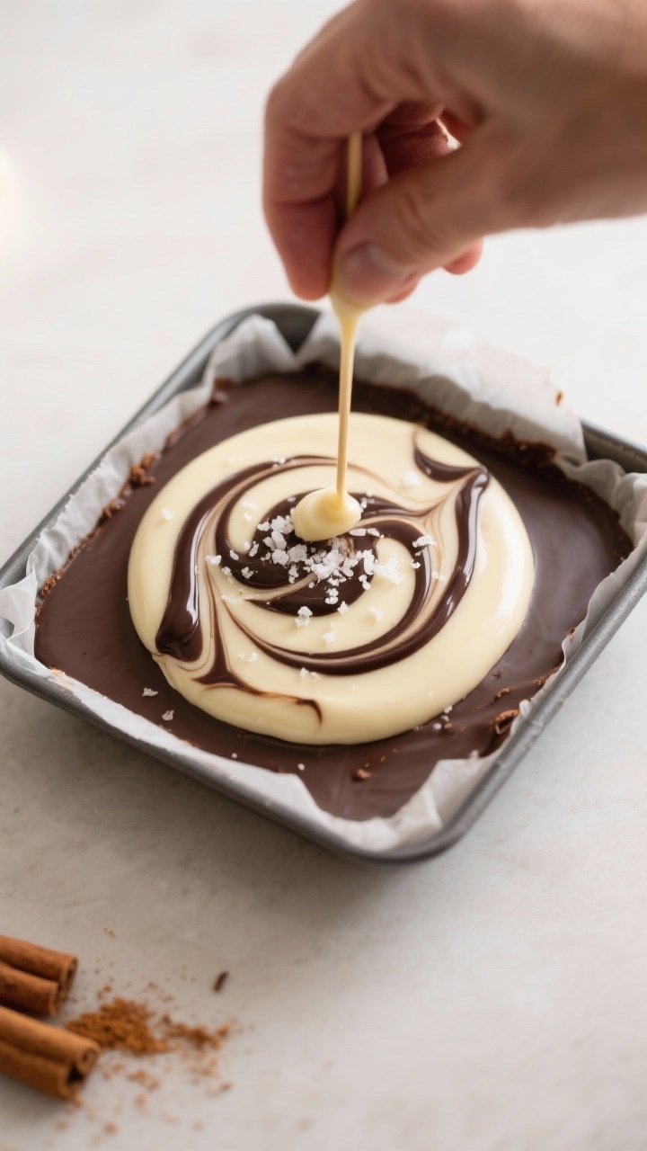 Cooking process shot: Overhead view of the pumpkin spice white chocolate being poured and gently spr