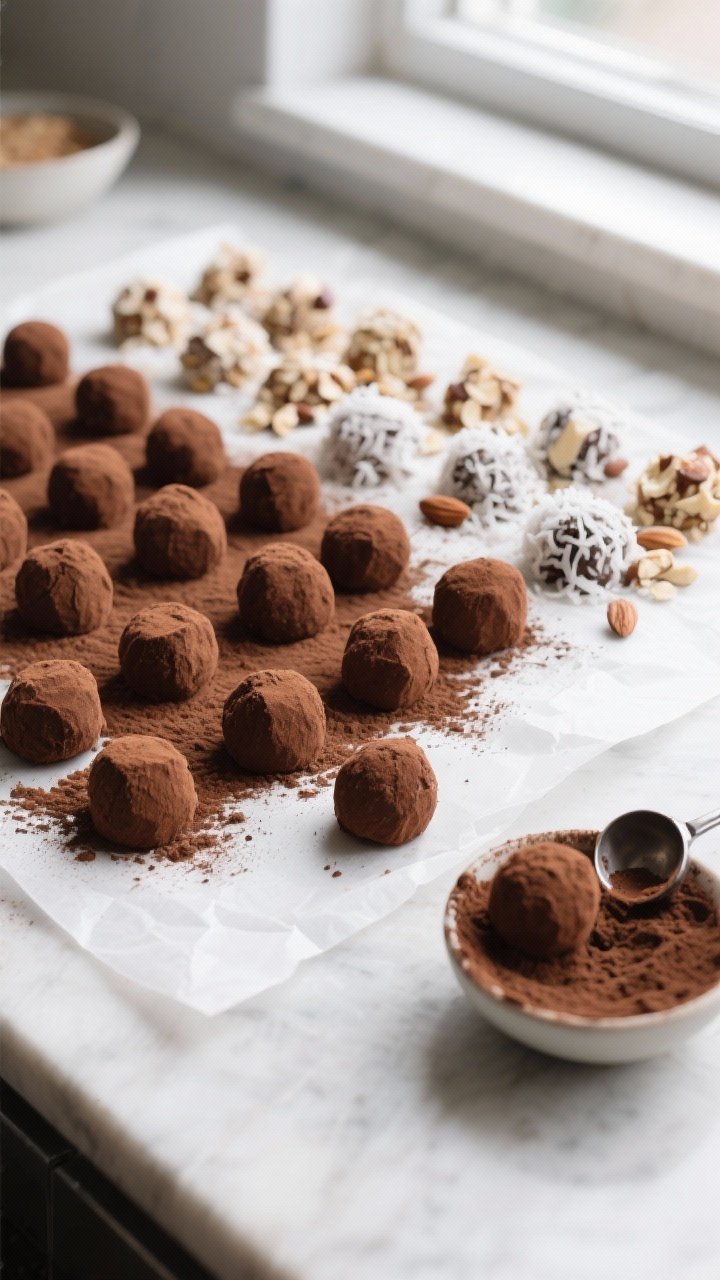 Cooking process shot: rows of freshly rolled 1-inch keto truffles being coated—half rolled in deep