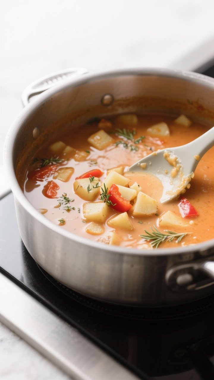 Cooking process shot: Soup simmering in a wide stainless pot right after dairy is stirred in—cream