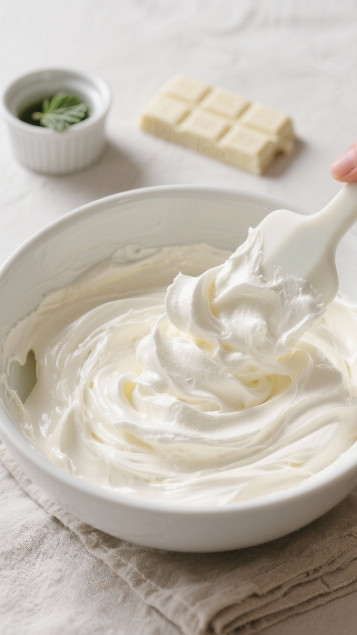 Cooking process shot: the mousse base just after folding in the whipped cream—bowl of glossy white