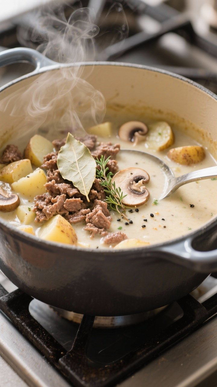 Cooking process, stovetop: A Dutch oven of simmering Cream of Mushroom Hamburger Potato Soup capture