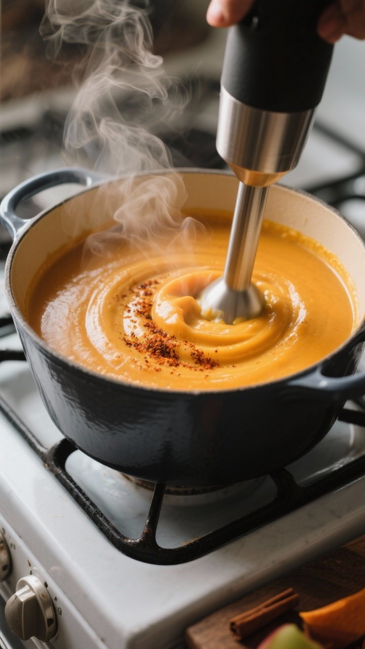Cooking process — Sweet Potato and Apple Soup being blended silky-smooth directly in a Dutch oven