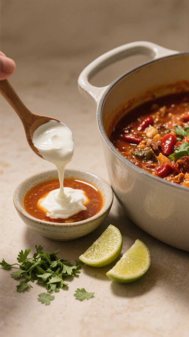 Cooking process: Tempering Greek yogurt with hot broth in a small bowl next to the off-heat pot of c