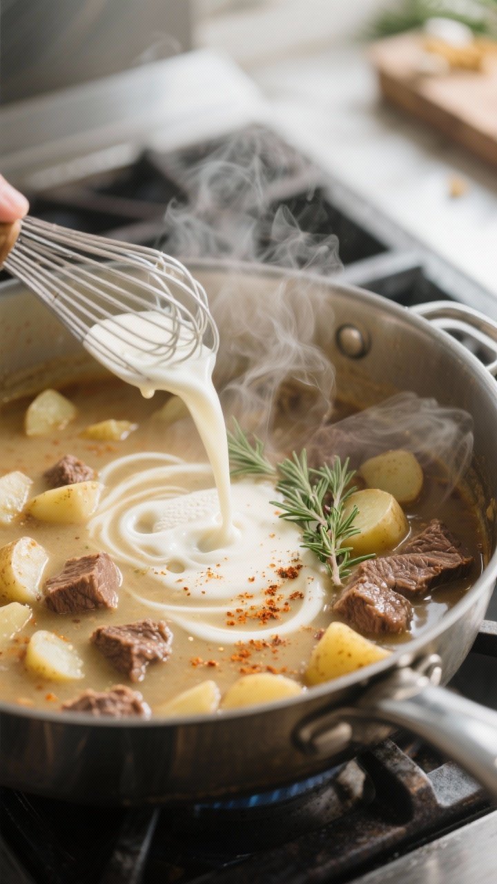Cooking process: The “make it creamy” step captured mid-action—whisked cornstarch-and-cold-mil