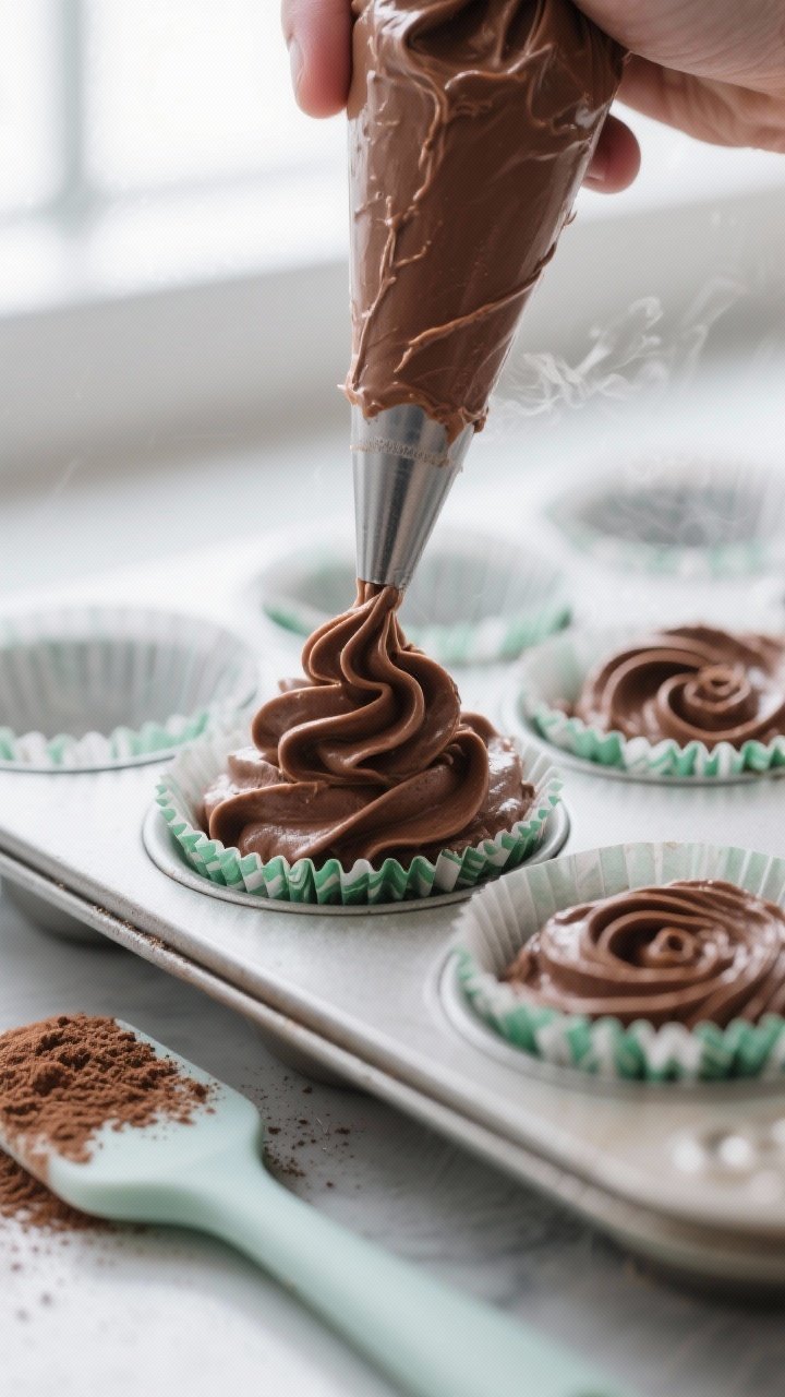 Cooking process: The whipped chocolate-mint mixture being piped into mini muffin paper liners in a t