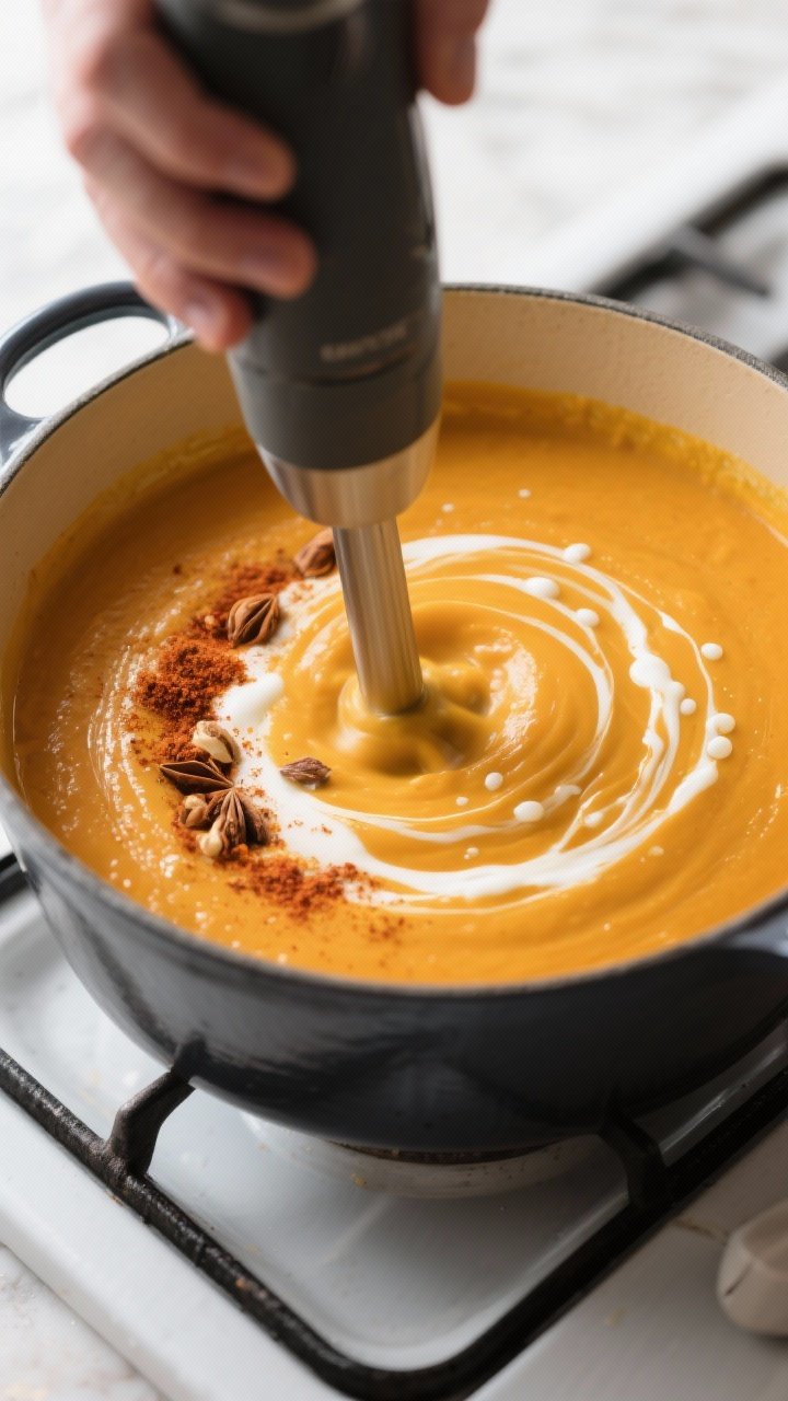 Cooking process: Velvety pumpkin soup being blended to silk with an immersion blender directly in a 