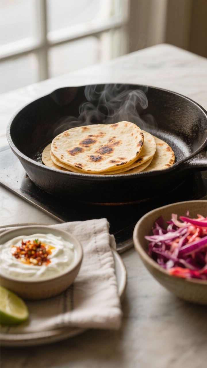 Cooking process: Warm corn tortillas being toasted in a dry cast-iron skillet until lightly charred 