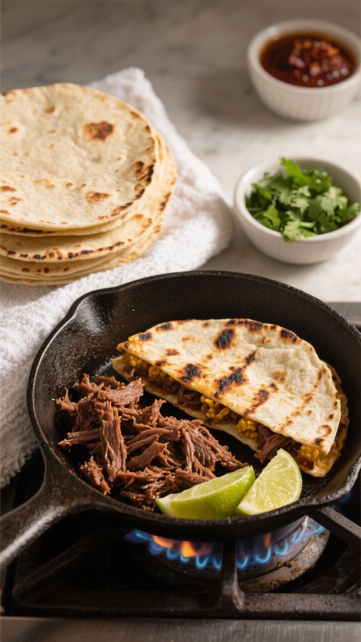 Cooking process: Warm corn tortillas lightly charred over a gas flame, then stacked in a clean towel