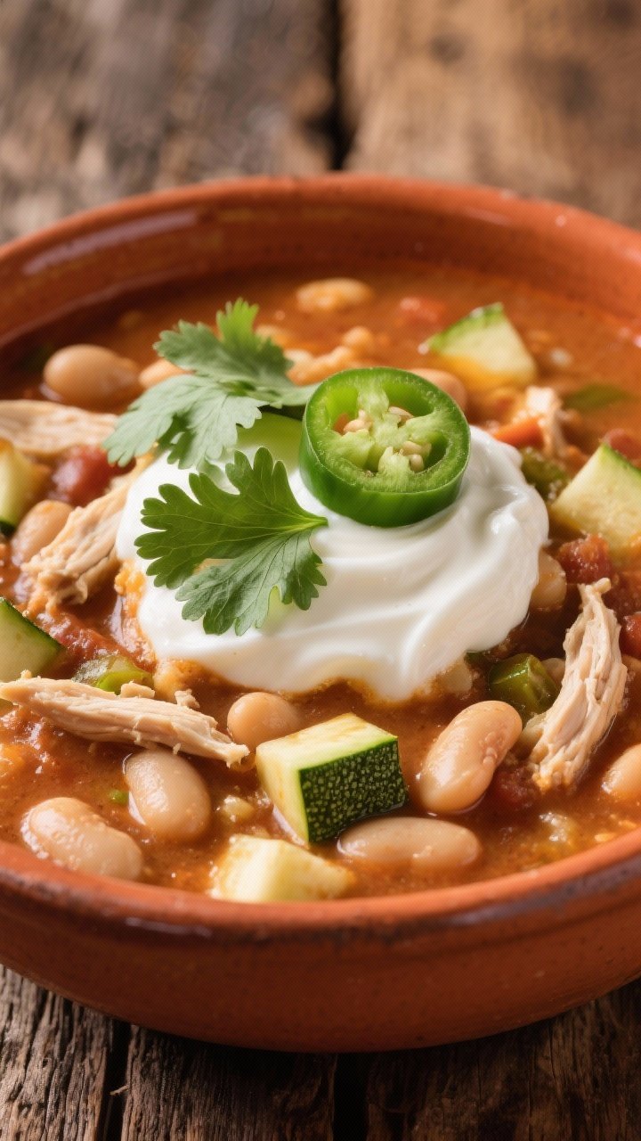 Final dish beauty: Restaurant-quality presentation of White Chicken Chili finished with a swirl of G