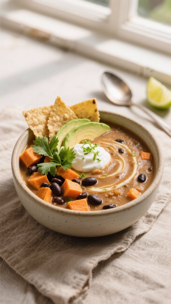 Final dish beauty shot: A cozy bowl of Sweet Potato and Black Bean Soup, partially blended for a cre