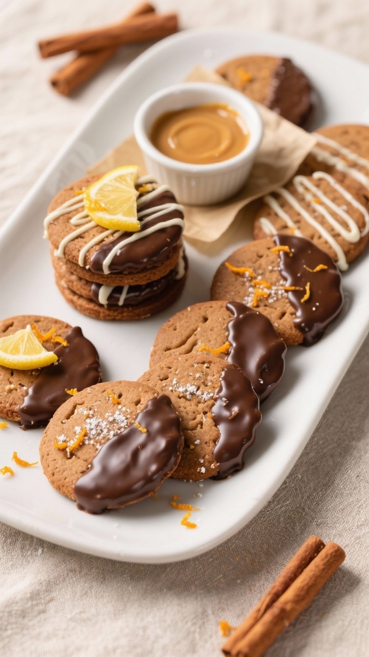 Final dish, overhead: beautifully arranged low-carb gingerbread cookies on a matte white platter, so