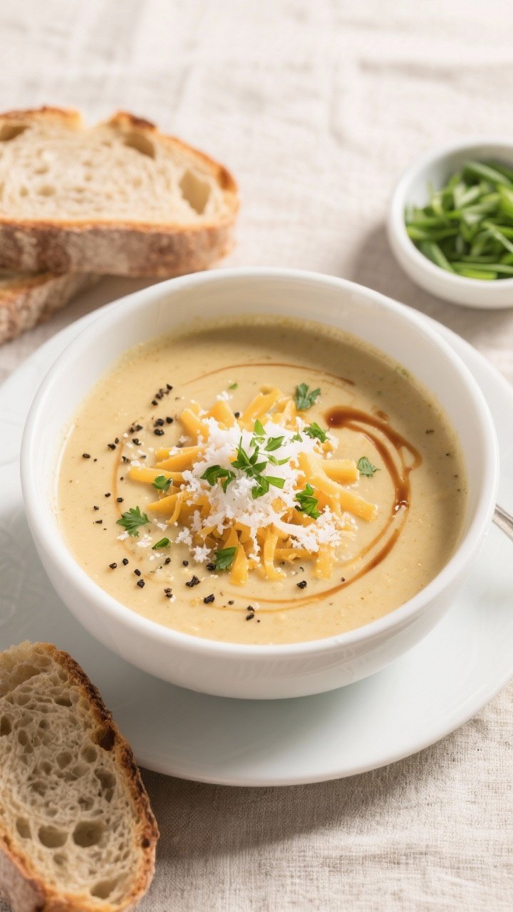 Final dish, overhead: Overhead shot of a generously filled white soup bowl set on a neutral linen, s