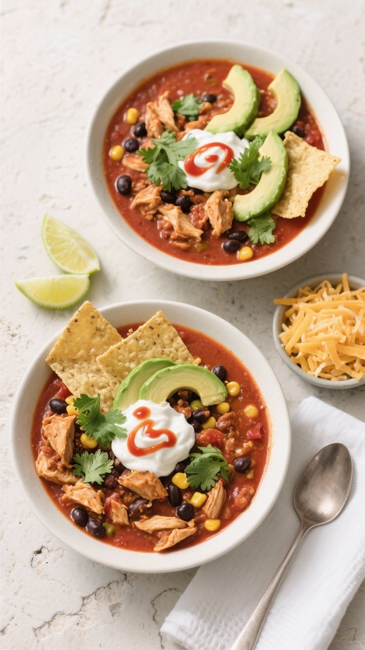 Final dish — Overhead serving scene with fixings: Top-down shot of two wide, shallow bowls of Sout
