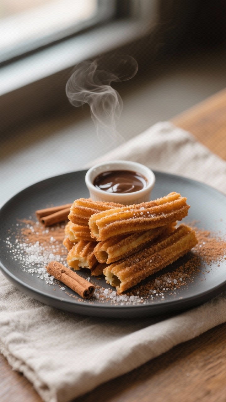 Final dish, plated beauty: A stack of freshly fried keto churros rolled in a cinnamon–erythritol/a
