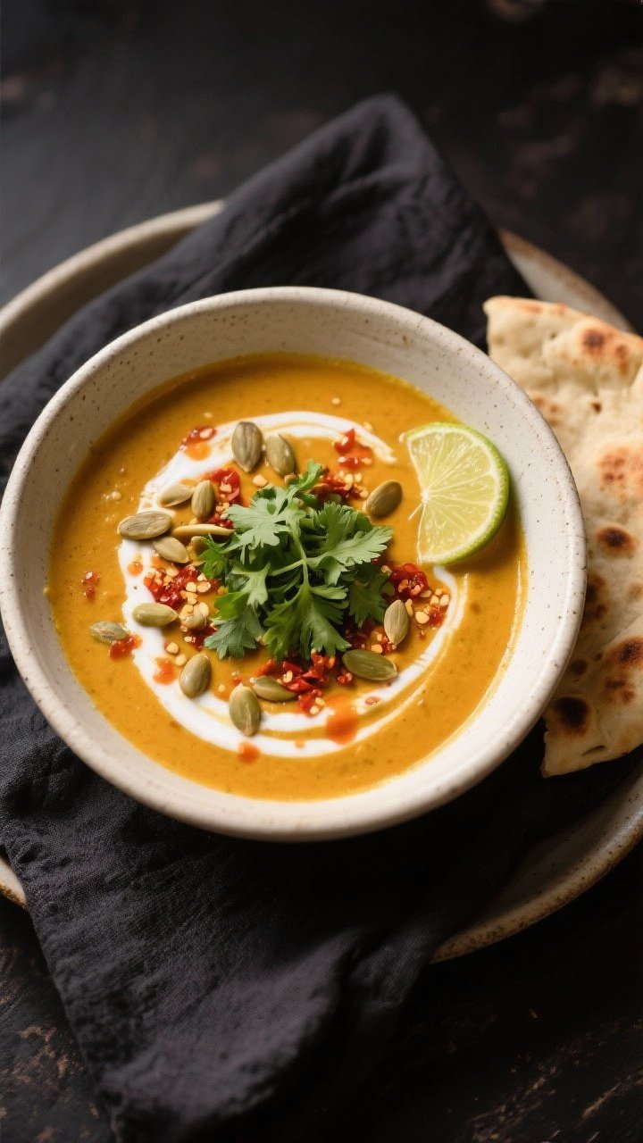Final dish, plated beauty shot: Bowl of Curried Pumpkin Soup with Coconut Cream and Fresh Cilantro s