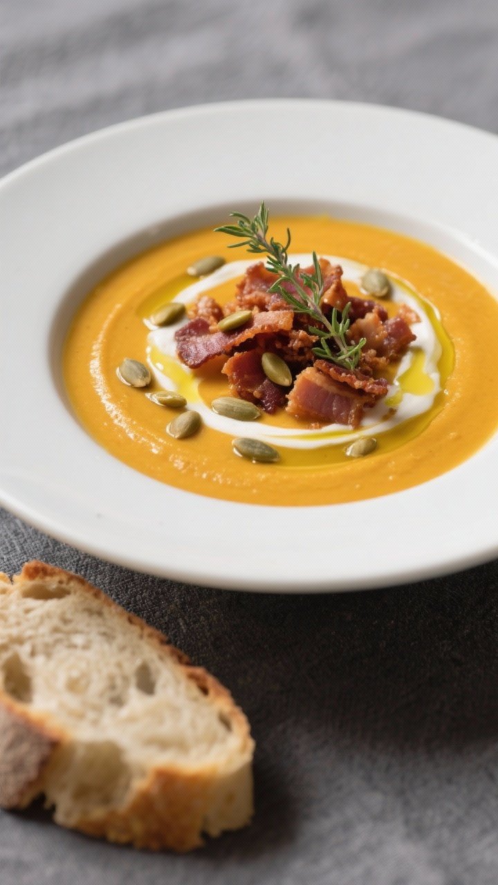 Final dish, plated beauty shot: Silky butternut squash soup in a wide matte-white bowl, velvety smoo