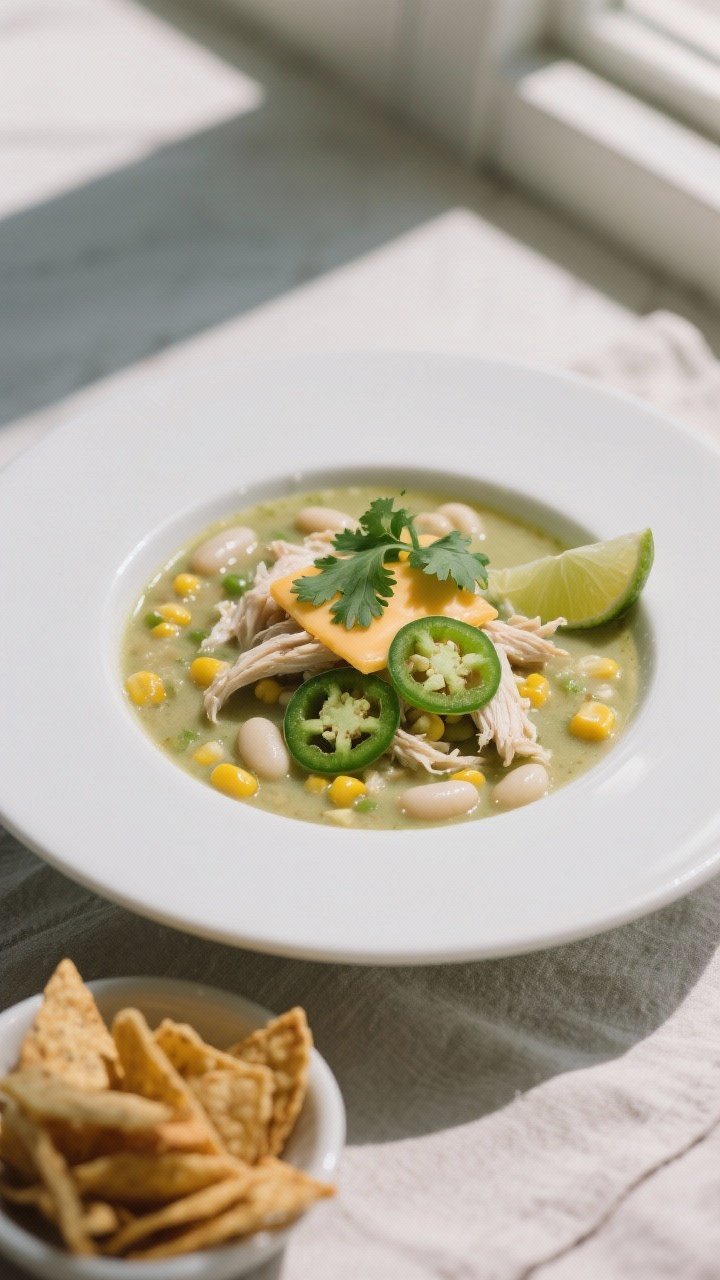 Final dish, plated bowl: A beautifully plated bowl of low-calorie white chicken chili with a creamy,
