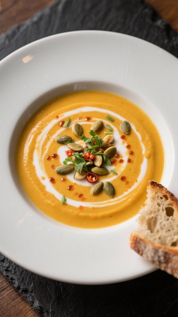 Final dish, plated elegance: A deep, matte-white bowl of ultra-creamy Crockpot Butternut Squash Soup