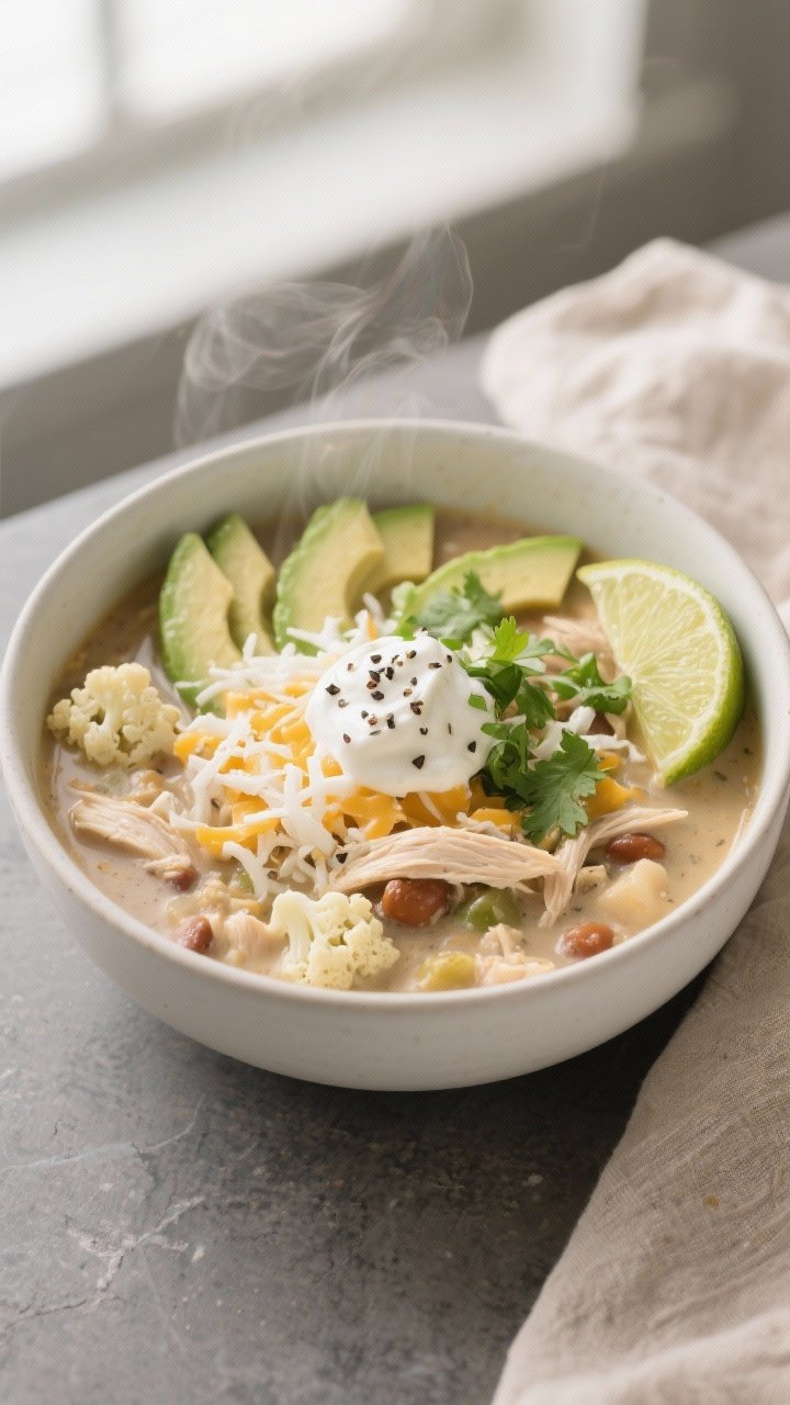 Final dish, plated hero shot: A generous bowl of keto white chicken chili presented in a matte white