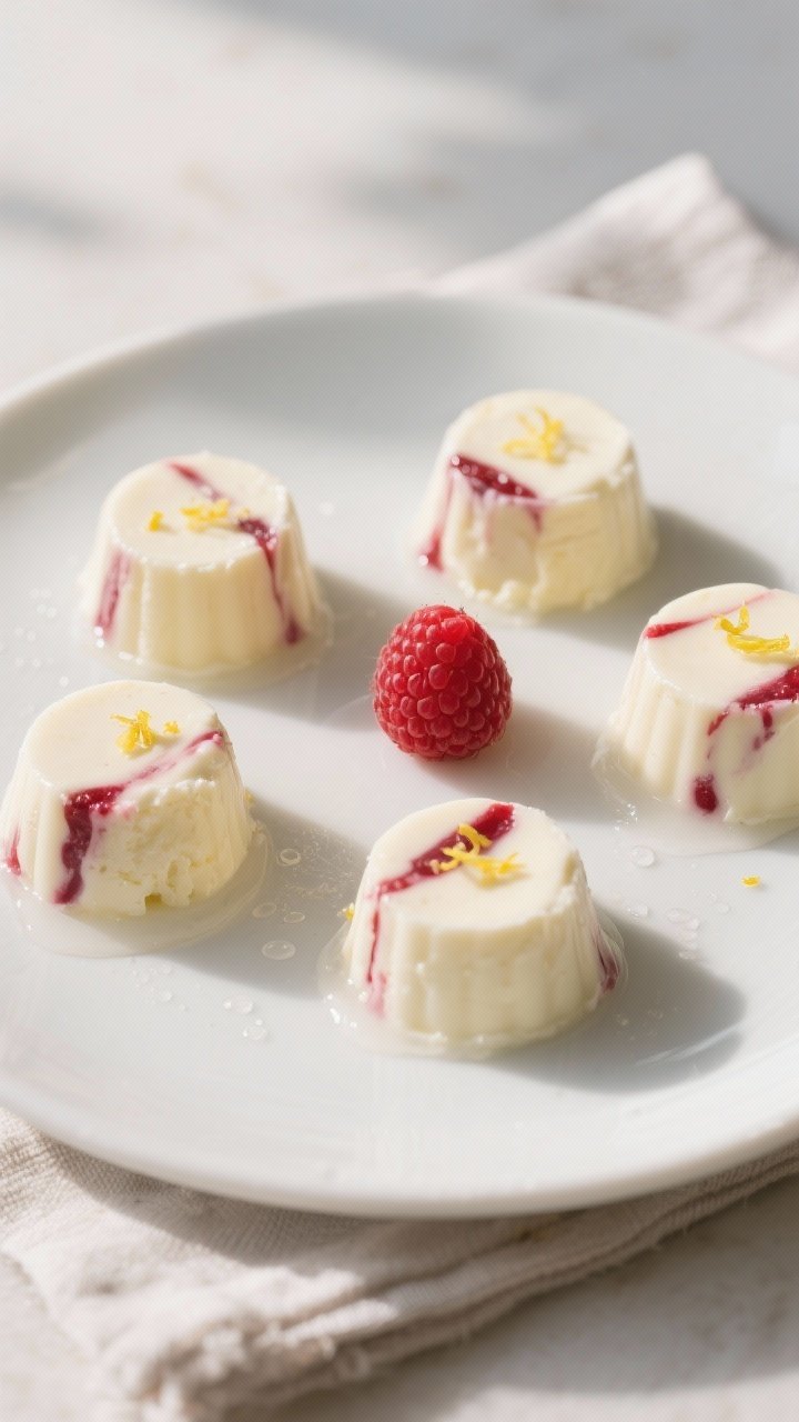 Final dish, plated presentation: Beautifully plated keto raspberry cheesecake fat bombs, popped from