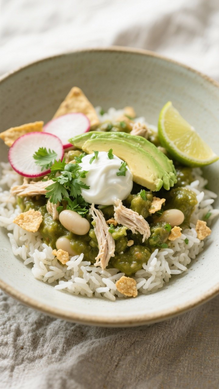 Final dish presentation: A generous bowl of Green Chicken Chili Verde served over cilantro-lime rice