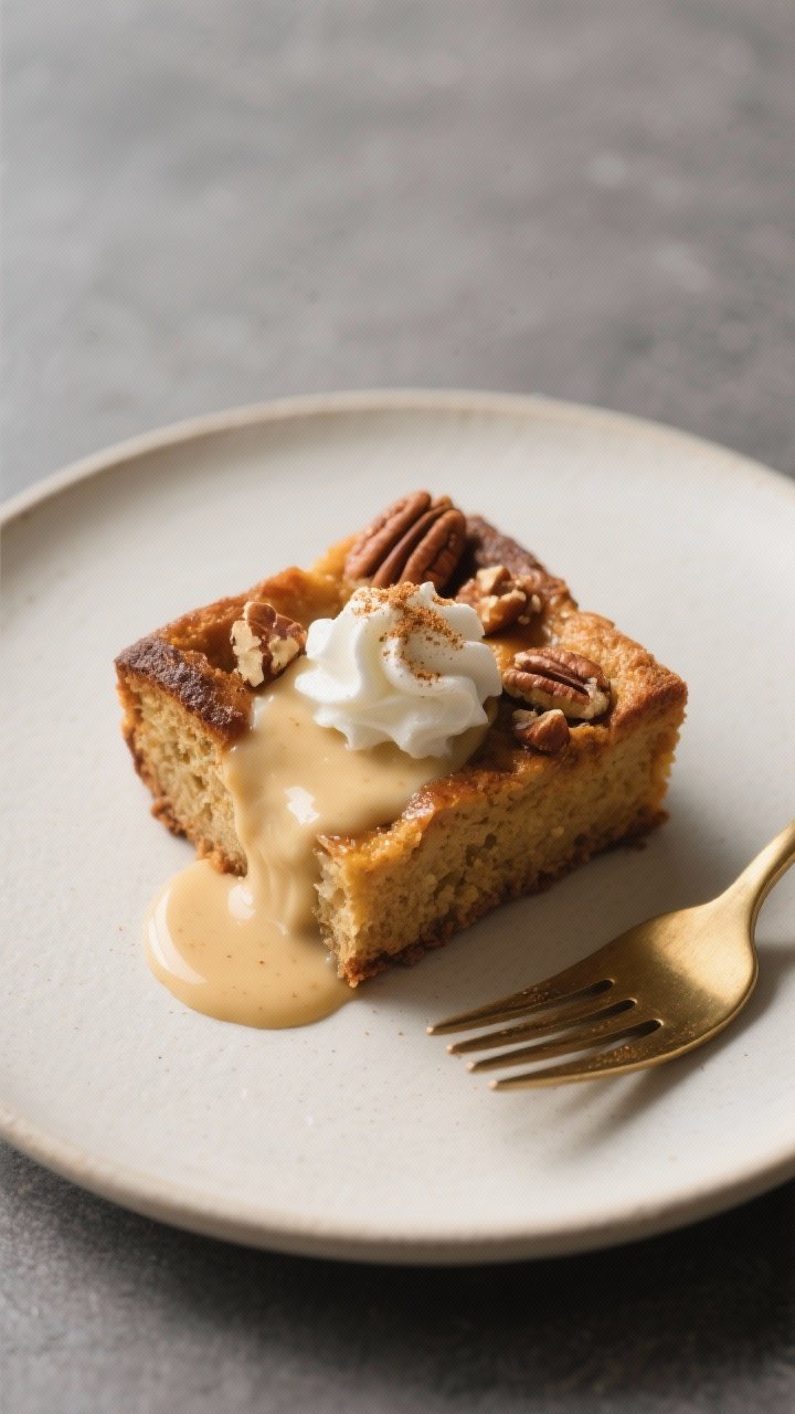 Final dish presentation: A single rustic square of keto pumpkin bread pudding plated on a matte off-