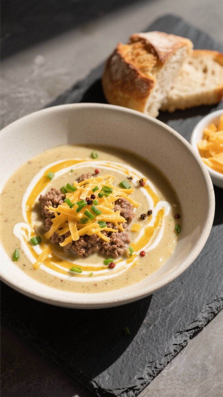 Final dish presentation: Beautifully plated bowl of hamburger potato soup finished with melted shred