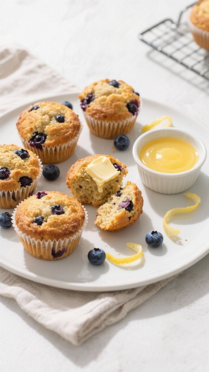 Final dish presentation: Beautifully plated keto blueberry muffins on a matte white plate with one m