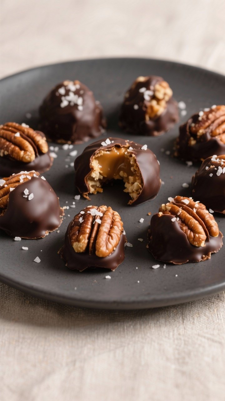 Final dish presentation: Beautifully plated Keto Caramel Pecan Clusters with a snappy dark chocolate